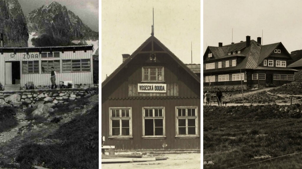 Historické zábery Zbojníckej chaty, Voseckej boudy a Výrovky v Tatrách a Krkonošiach.